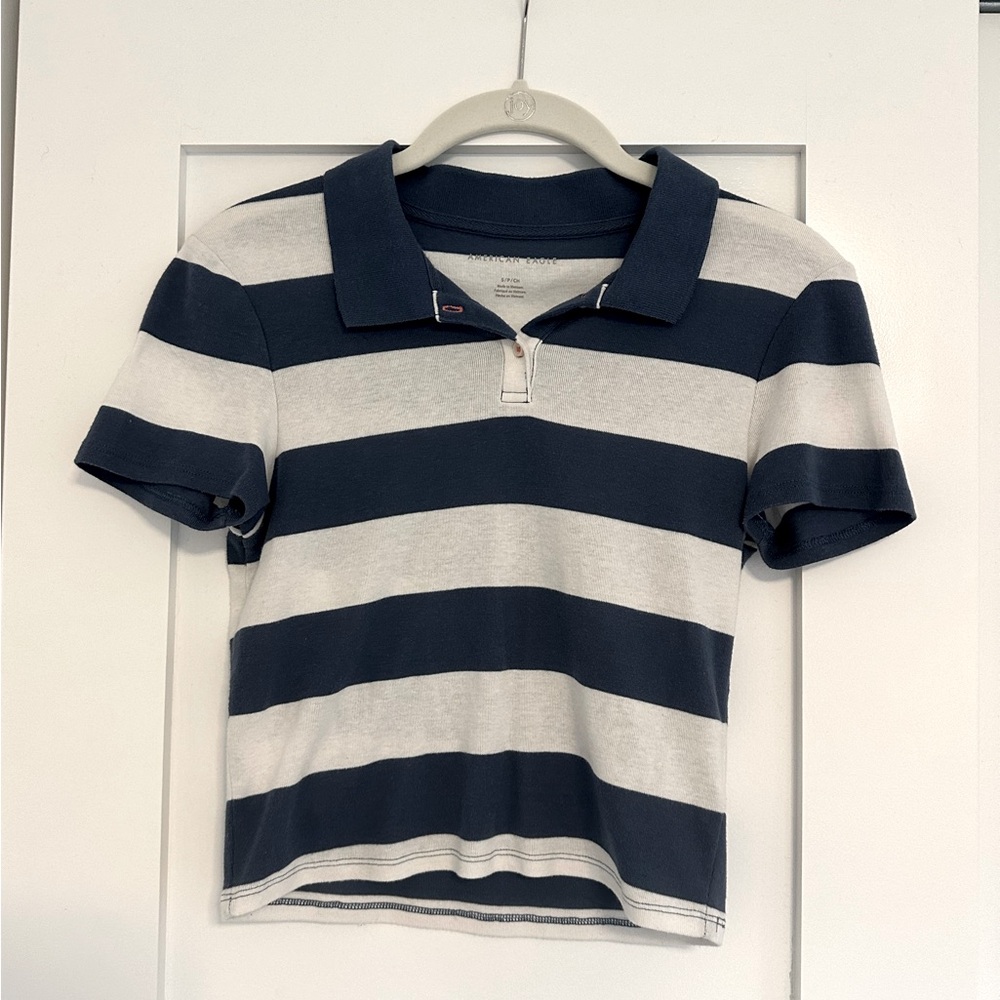 american eagle blue and white stripped polo tee